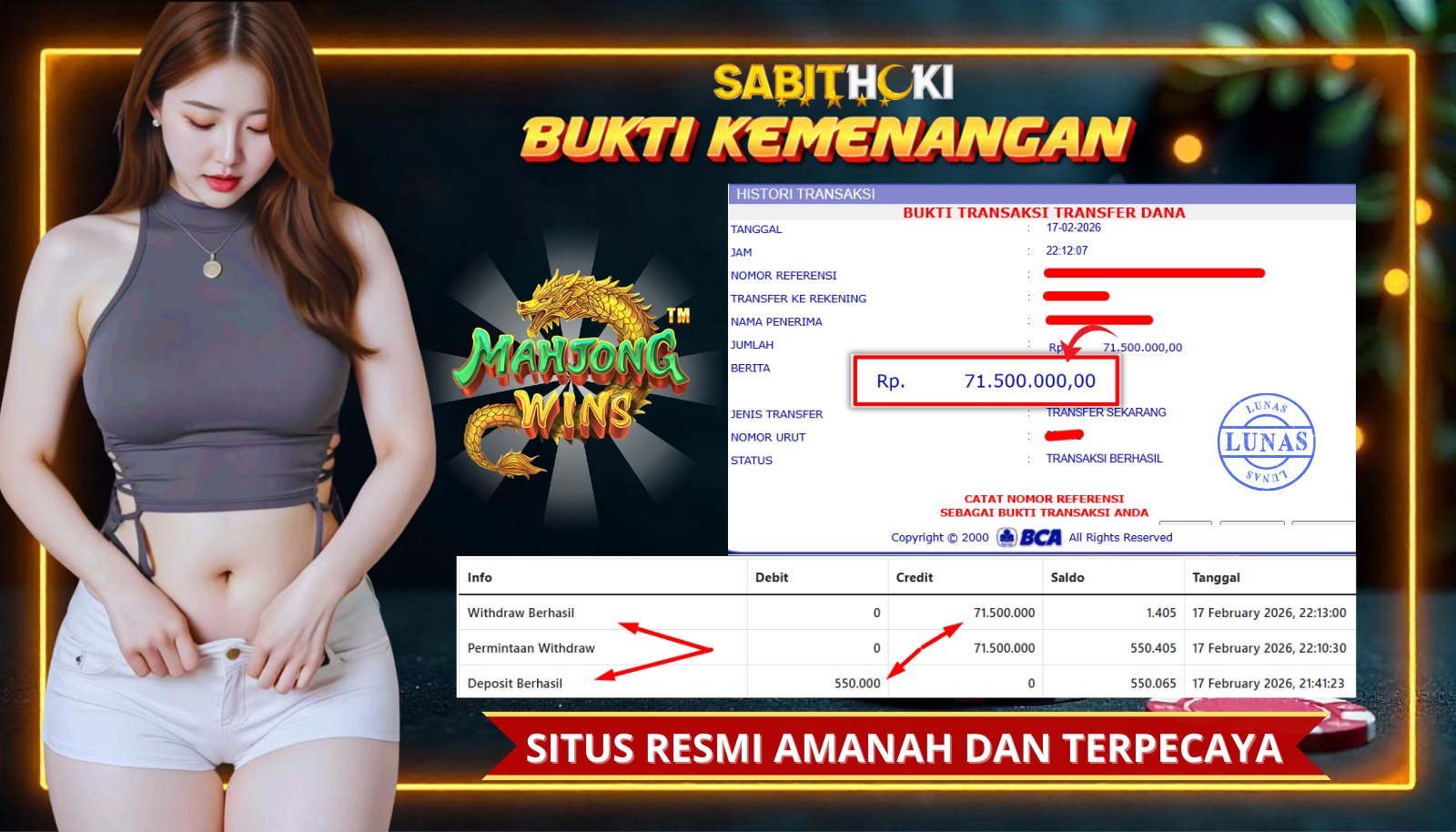 SELAMAT KEPADA MEMBER SETIA SABITHOKI BERHASIL JACKPOT DI PERMAINAN MAHJONG WAYS
